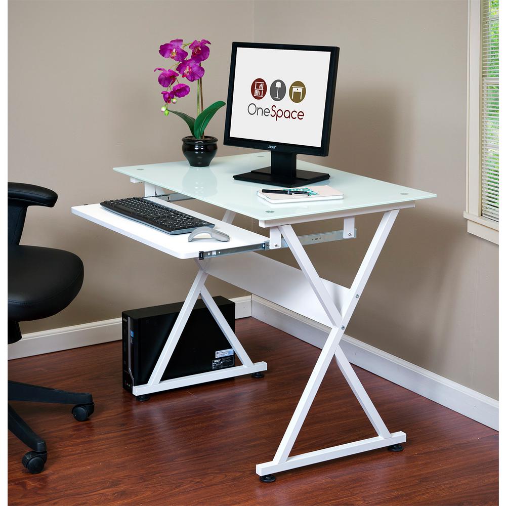 Onespace White Ultramodern Glass Computer Desk With Pull Out