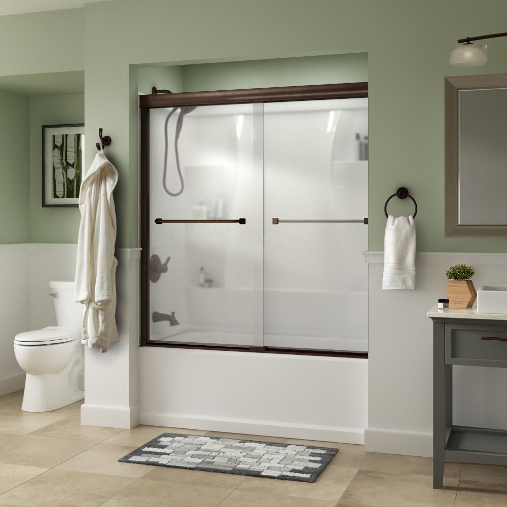 Delta Everly 60 In X 58 1 8 Semi Frameless Traditional Sliding Bathtub Door Bronze With Niebla Glass