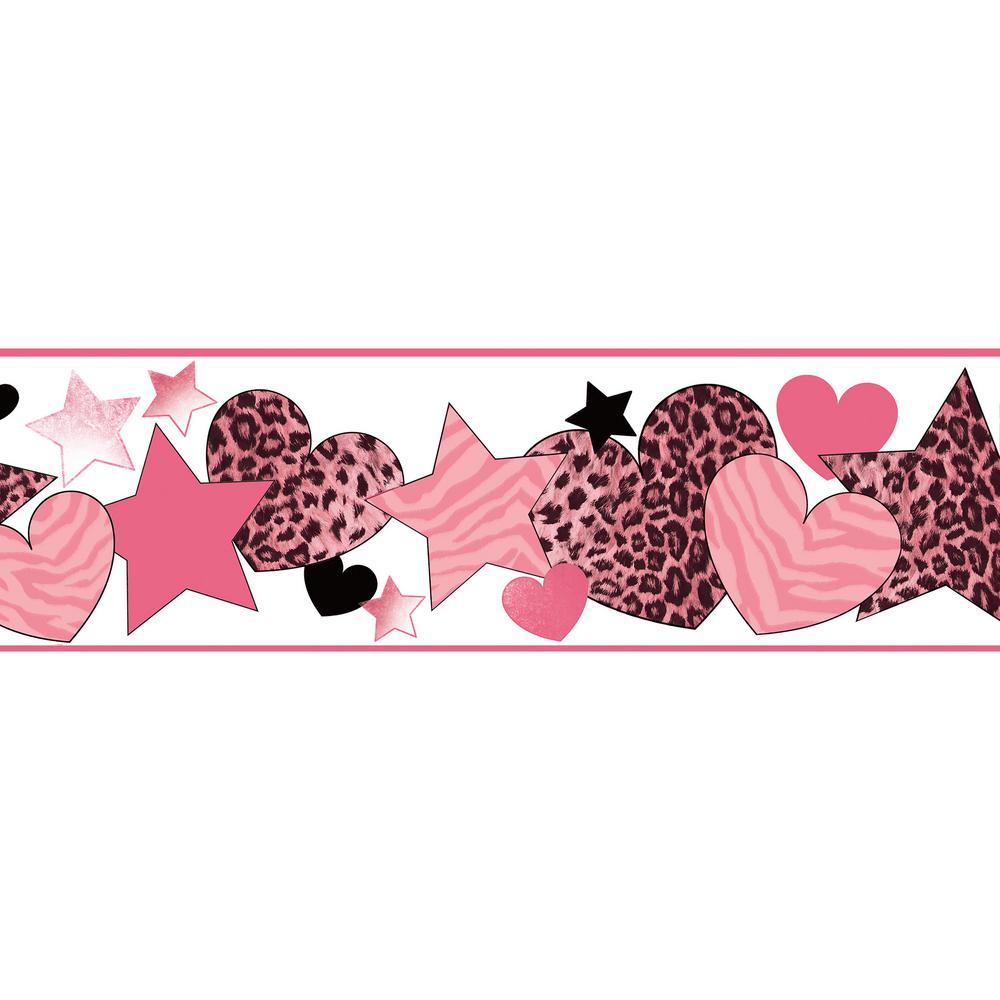 Chesapeake Diva Pink Cheetah Hearts Stars Pink Wallpaper Border Sample cbsam The Home Depot