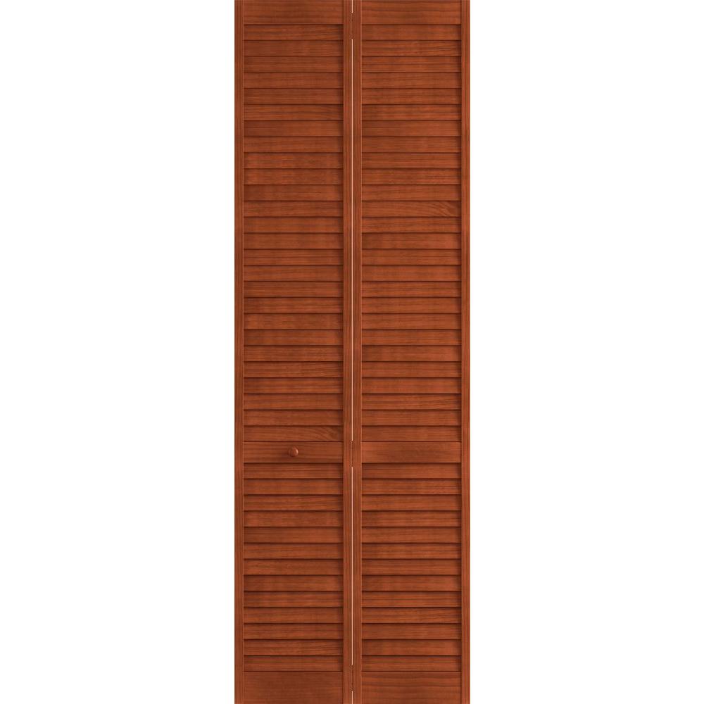 Frameport 36 in. x 96 in. Louver Pine Mahogany Plantation Interior Closet Bifold Door3115224