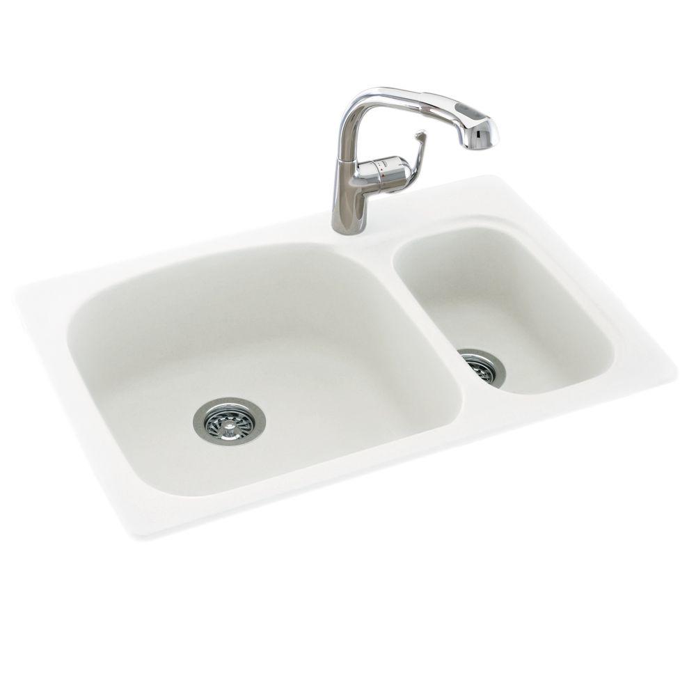 Swan Drop In Undermount Solid Surface 33 In 1 Hole 70 30 Double Bowl Kitchen Sink In White