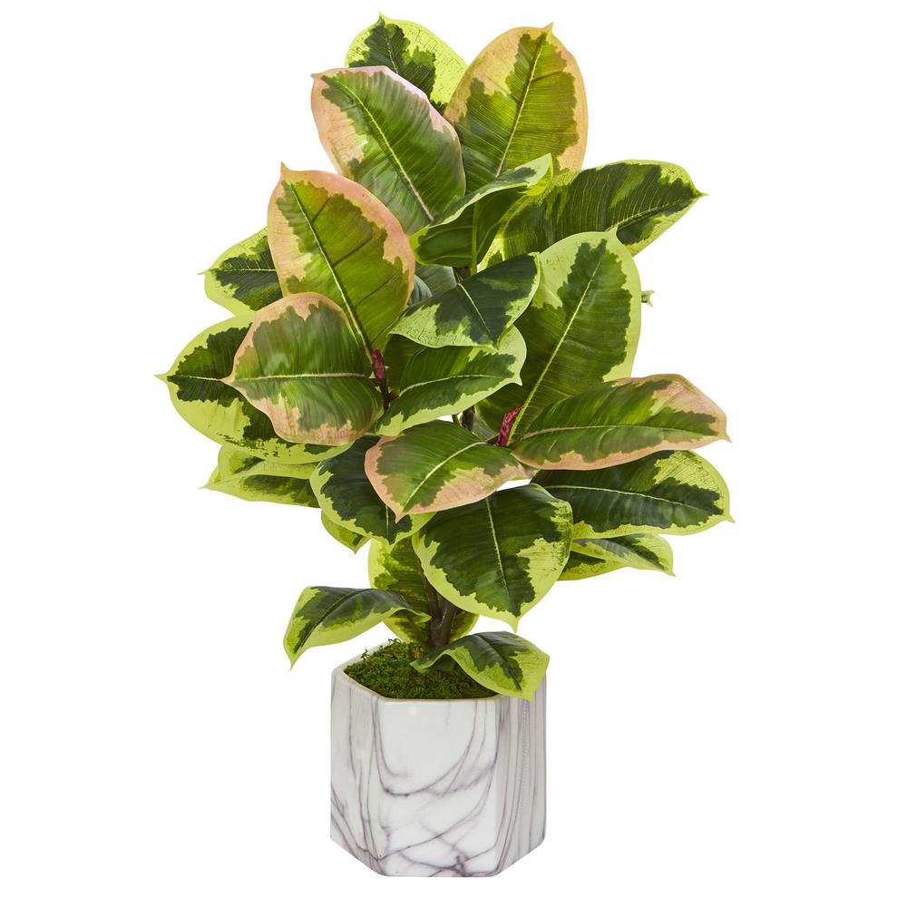 Nearly Natural Indoor Rubber Leaf Artificial Plant In Marble Nearly Natural Indoor Rubber Leaf Artificial Plant In Marble Finished Vase 8137 The Home Depot