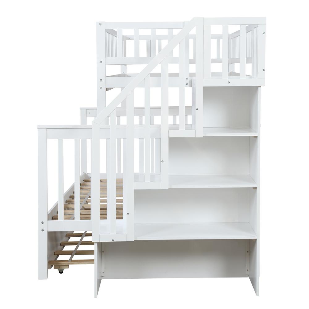 Harper Bright Designs White Twin Over Full Stairway Bunk Bed With Storage And And Stairs For Kids Sm000096aak 1 The Home Depot