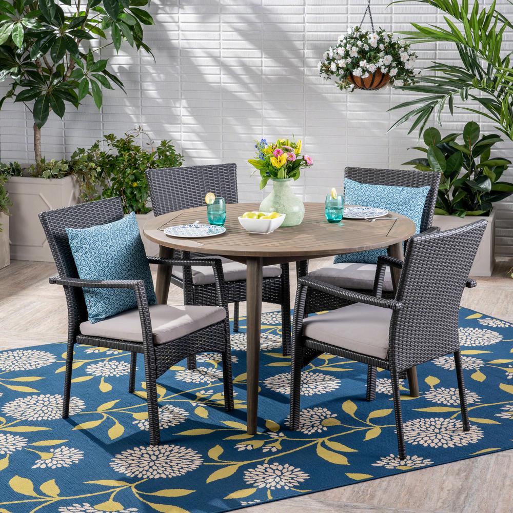 Noble House Haley Gray 5-Piece Wood and Wicker Outdoor Dining Set with ...