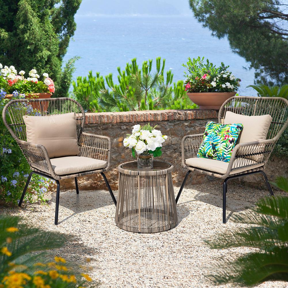 Nuu Garden 3 Piece Wicker Patio Conversation Set With Beige Cushions Srd003 01 The Home Depot