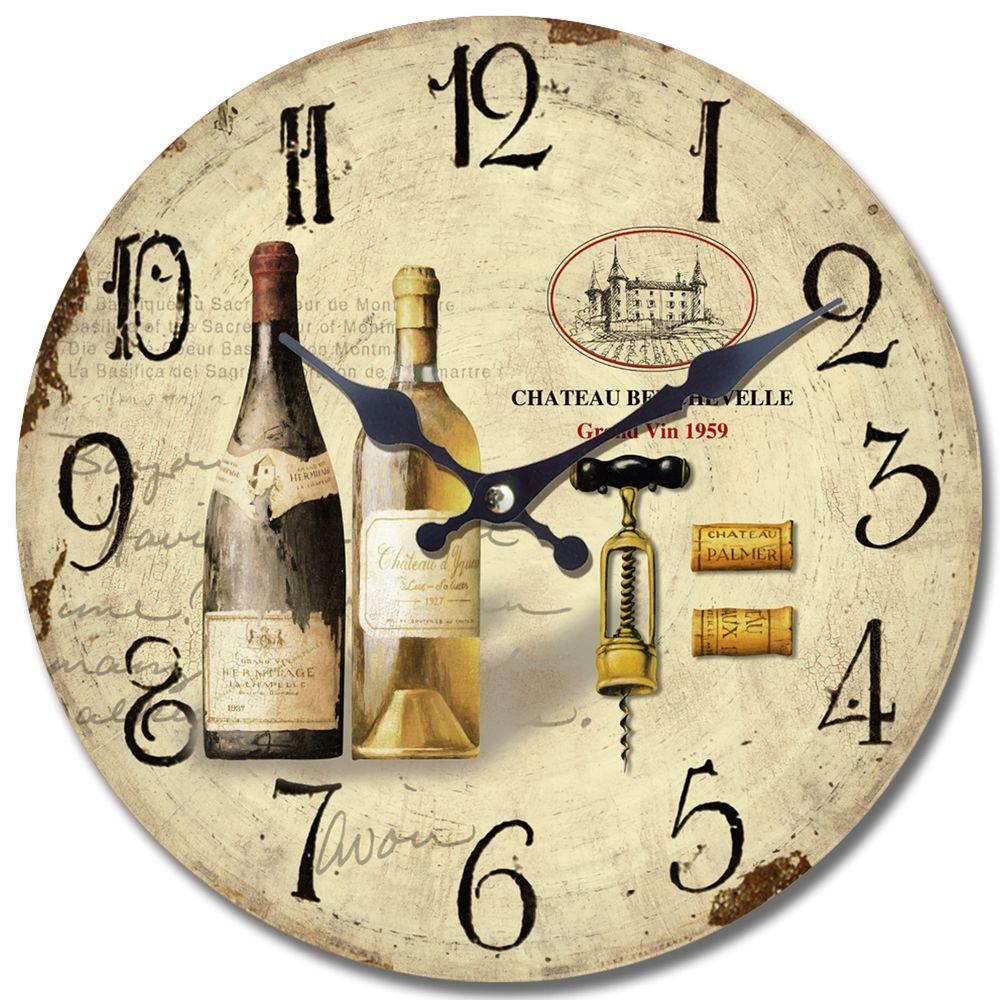 Yosemite Home Decor 14 In Circular Wooden Wall Clock With 2 Bottles Of Wine Print Clka7186 The Home Depot