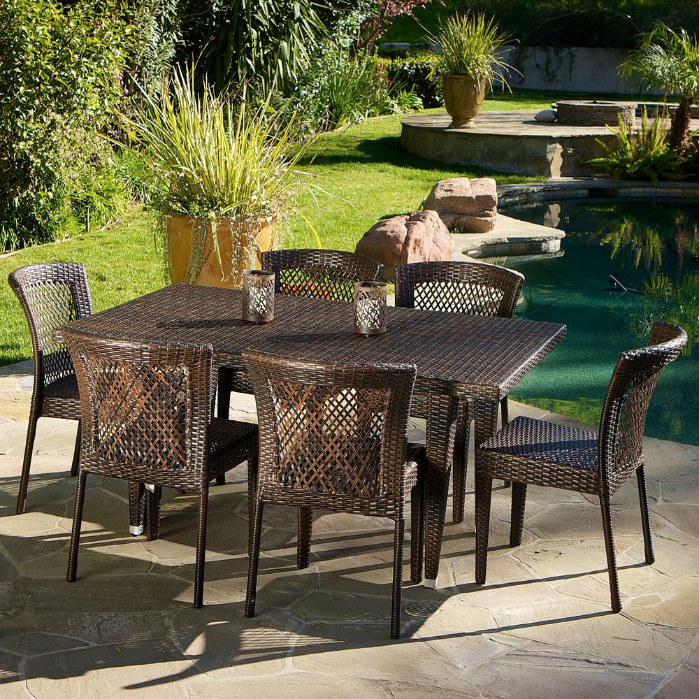 Noble House Dusk Multi-Brown 7-Piece Wicker Outdoor Dining ...