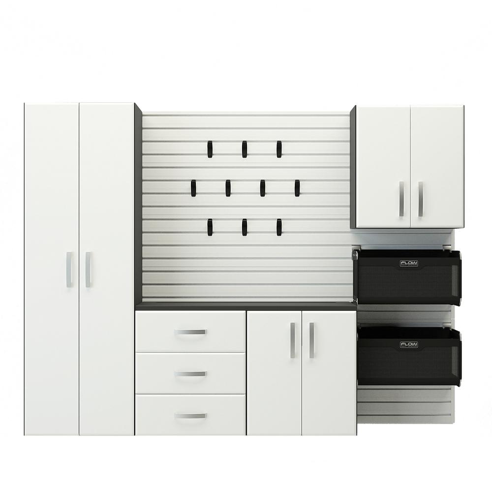Flow Wall Deluxe Modular Wall Mounted Garage Cabinet Storage Set With Accessories In White 5 Piece Fcs 9612 6w 5w2 The Home Depot