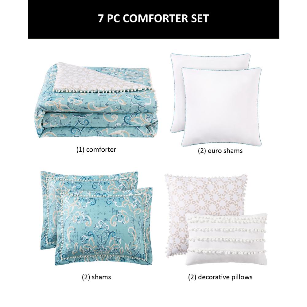 Finley Pom Pom 7 Piece Aqua White Taupe King Comforter Set