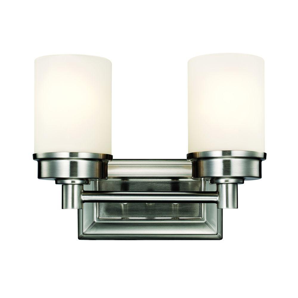 Transitional 2-Light Brushed Nickel Vanity Light with Frosted Glass Shades