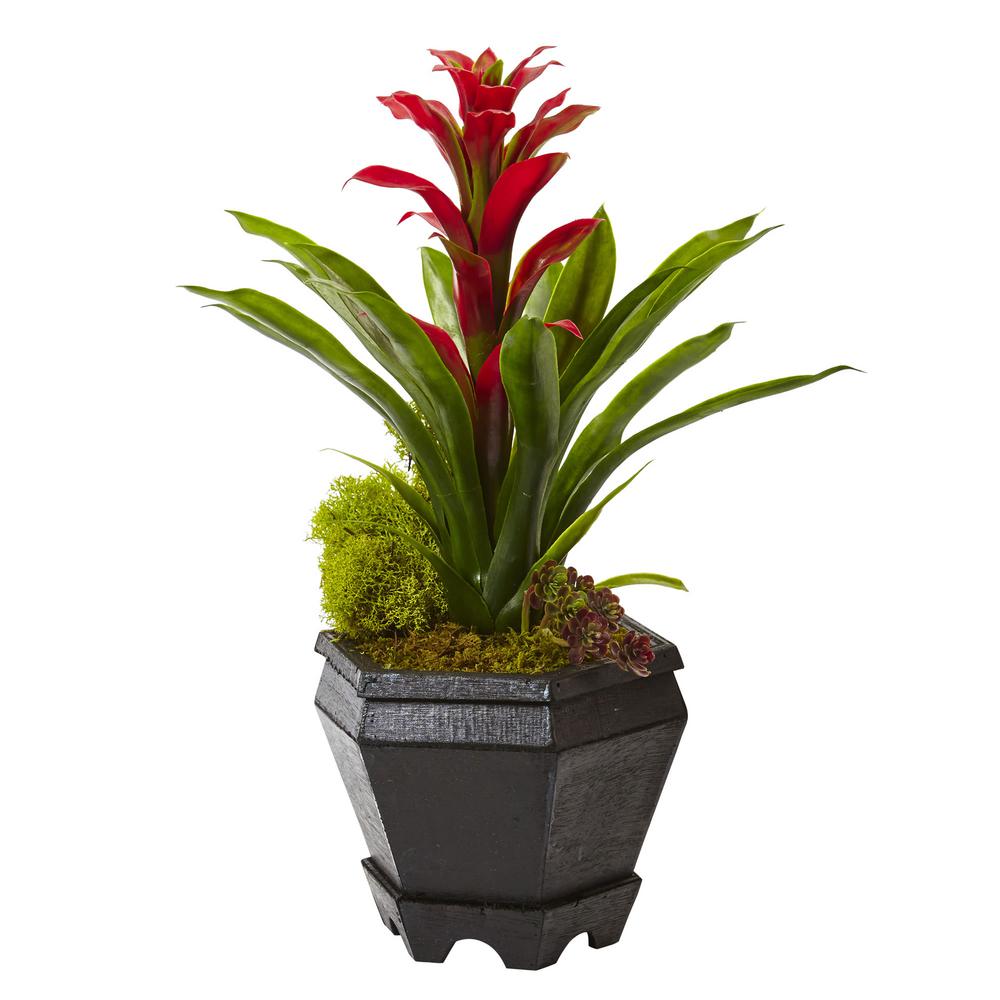 Nearly Natural 16.5 in. Bromeliad in Black Hexagon Planter in Red