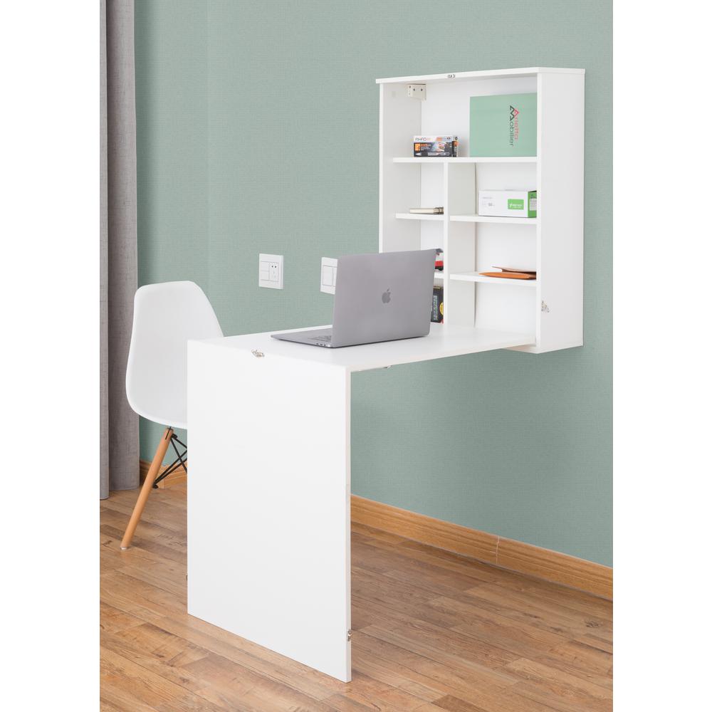 Basicwise White Wall Mount Laptop Fold Out Desk With Shelves