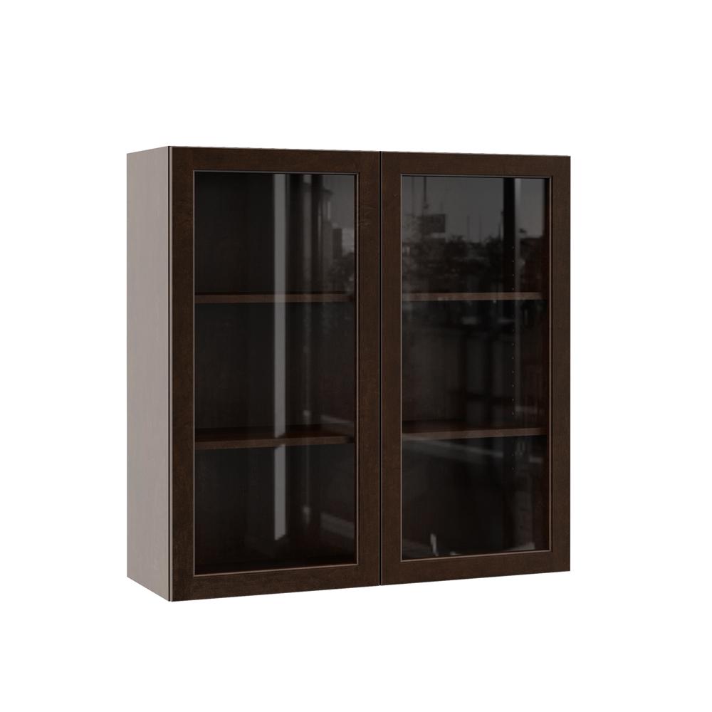 Hampton Bay Designer Series Gretna Assembled 36x30x12 In Wall Kitchen Cabinet With Glass Doors In Espresso Wgd3630 Gres The Home Depot