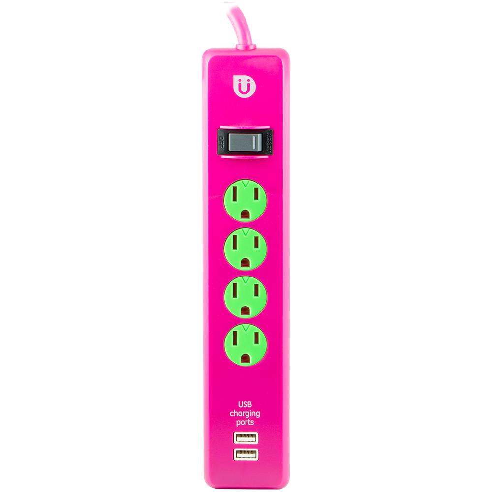 Uber 4 ft. 4Outlet and 2 2.1 Amp USB Port Power Strip, Pink25118