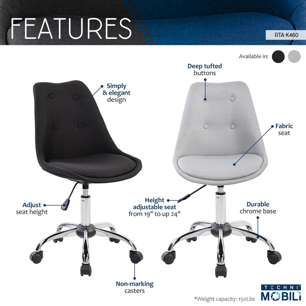 Techni Mobili Gray Armless Task Chair With Ons Rta K460 Gry Techni Mobili Gray Armless Task Chair