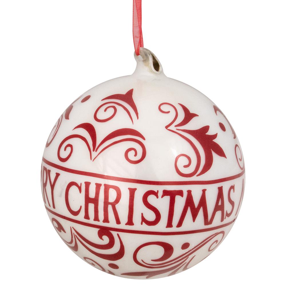 6 in red and white merry christmas glass ball ornament with red ribbon