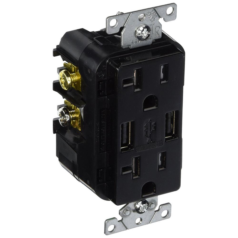 Leviton Decora 20 Amp Tamper Resistant Duplex Outlet and 3.6 Amp USB Outlet Charger, Black-005 ...