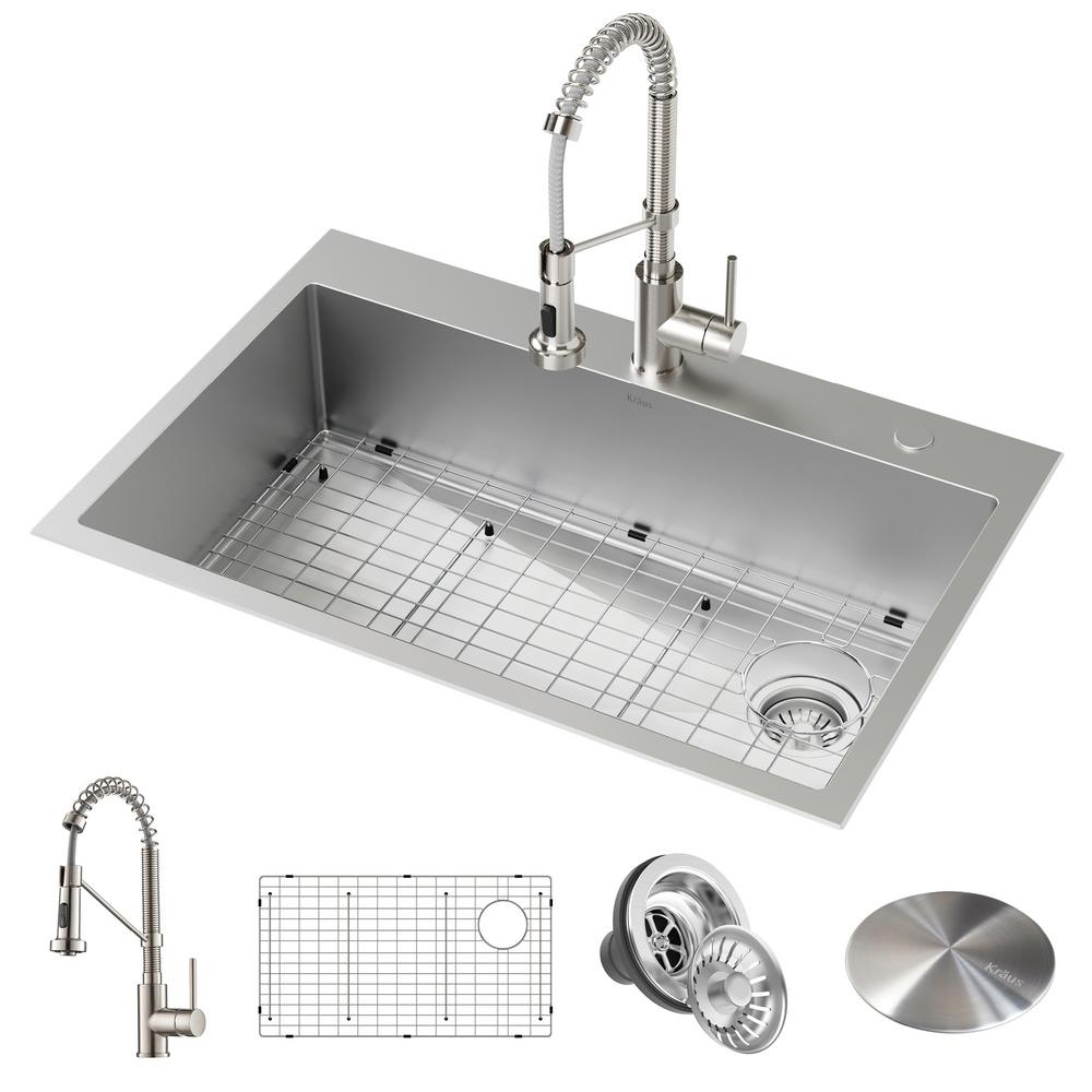 Kraus Loften Center All In One Dual Mount Stainless Steel 33 In 2 Hole Single Bowl Kitchen Sink With Pull Down Faucet