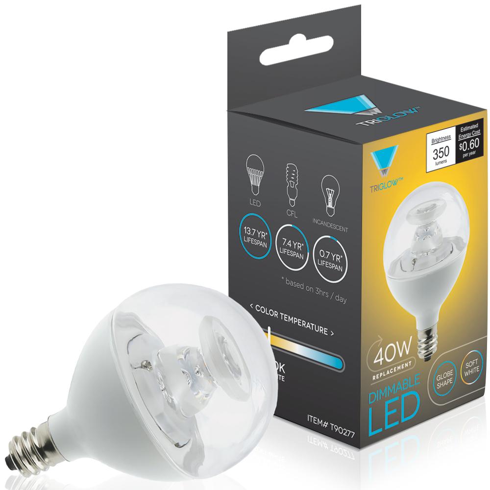 Triglow 40 Watt Equivalent G16 Globe Dimmable Led Light Bulb E12 Triglow 40 Watt Equivalent G16 Globe Dimmable Led Light Bulb E12 Candelabra Base Soft White