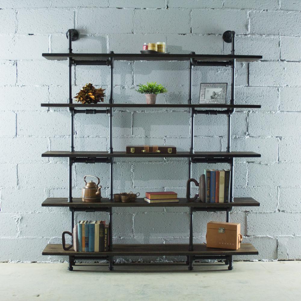 Eugene Modern Black 64 In Large Storage 5 Shelf Pipe Bookcase Etagere Metal Reclaimed Aged Wood
