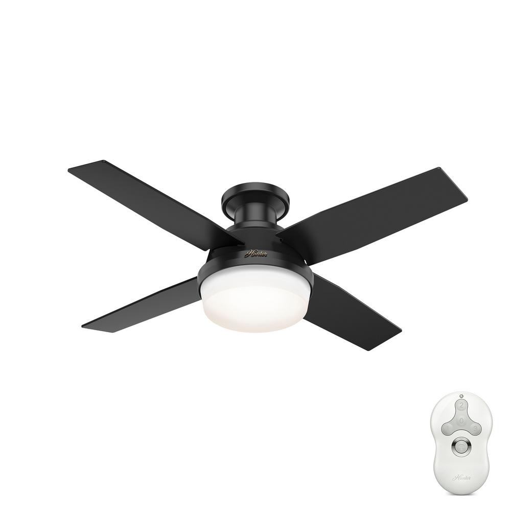 Hunter 44in Dempsey Low Profile Outdoor Ceiling Fan in Matte Black with LED Light and Handheld Remote