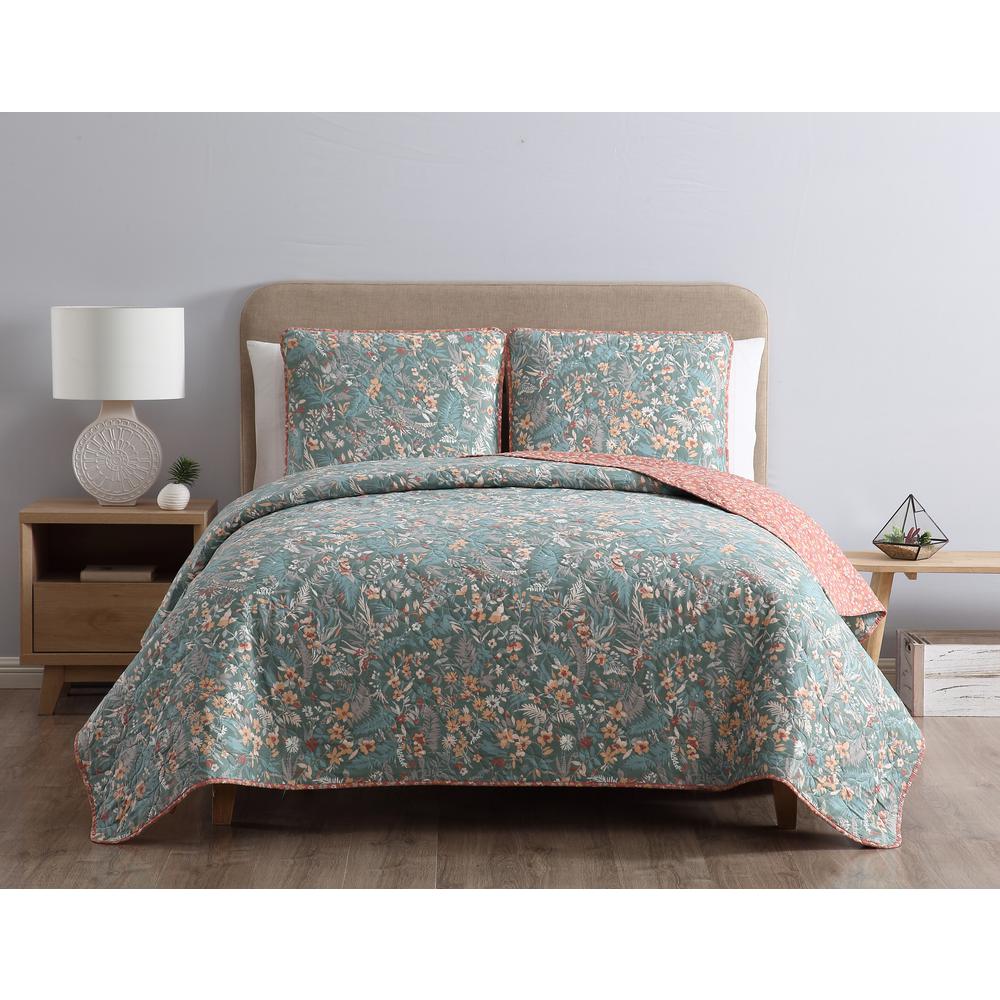 3 Piece Reversible Quilted Printed Bedspread Coverlet Gold Flower