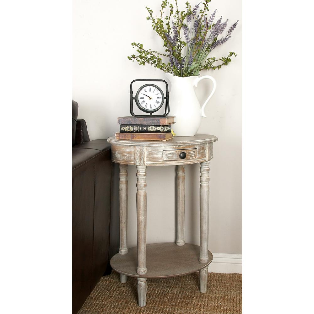 Whitewashed Taupe Wooden Oval Accent Table with Drawer and Bottom Shelf