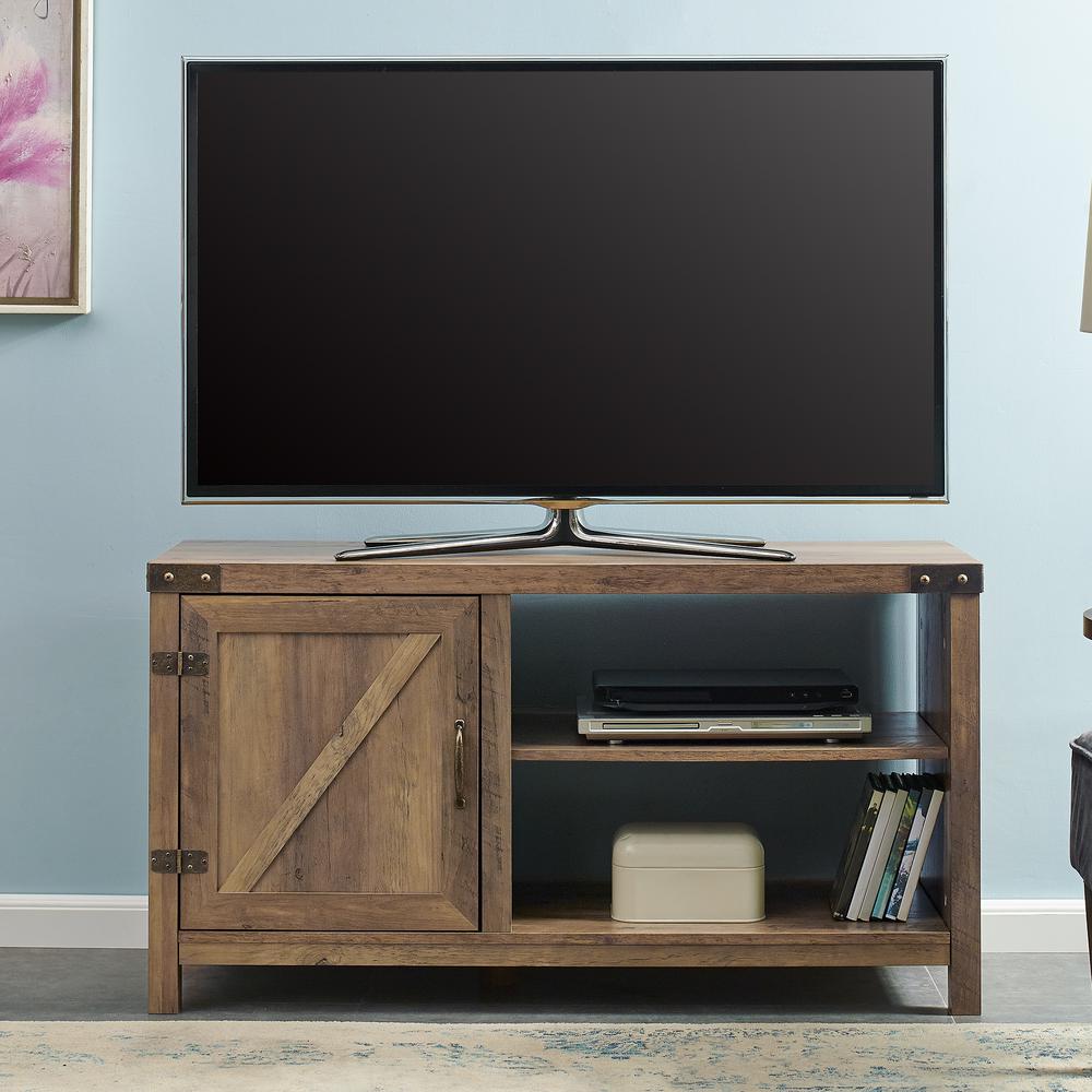 Tv Stands Living Room Furniture The Home Depot Rustic Oak Farmhouse Barn Door Tv Stand Storage Console With Shelving