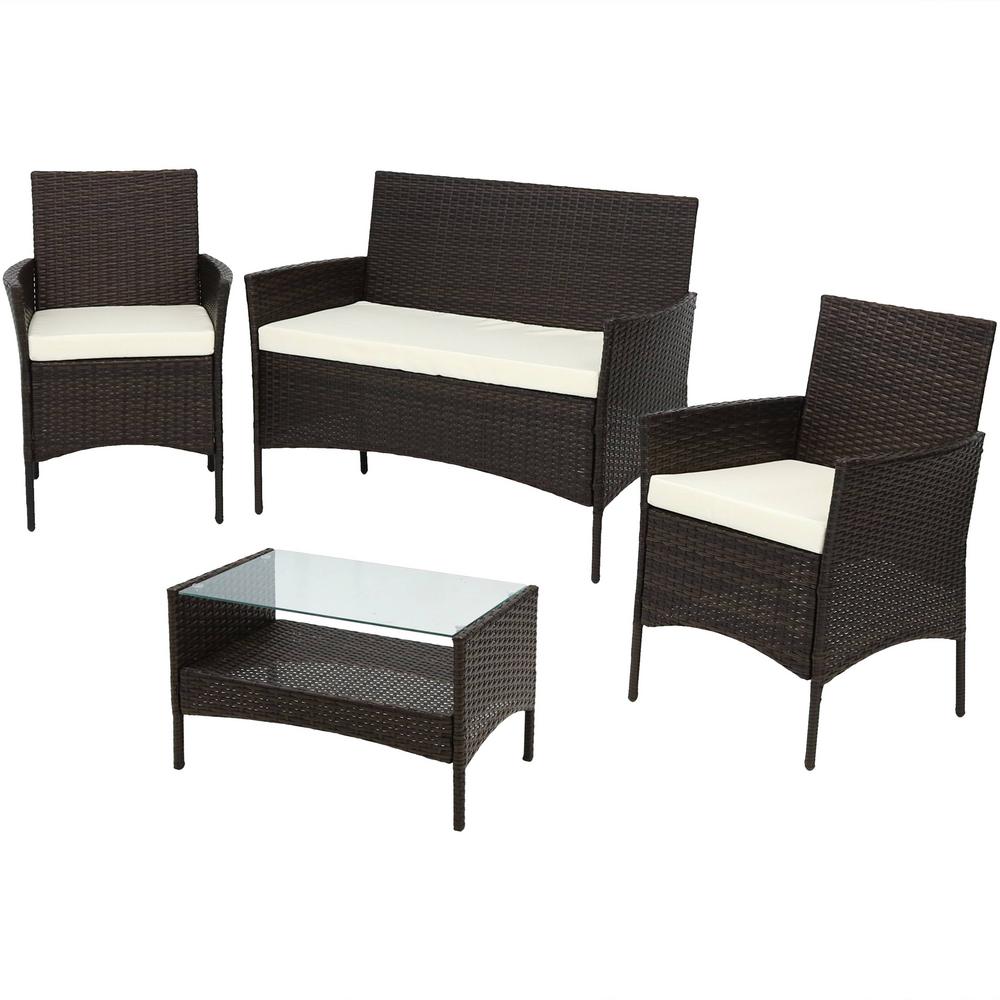 Sunnydaze Decor Galway Rattan Loveseat 4 Piece Metal Patio Furniture Conversation Set With Beige Cushions - Metal Patio Furniture Conversation Sets Sunnydaze Decor Galway Rattan Loveseat 4 Piece Metal Patio Furniture Conversation Set With Beige Cushions - Metal Patio Furniture Conversation Sets