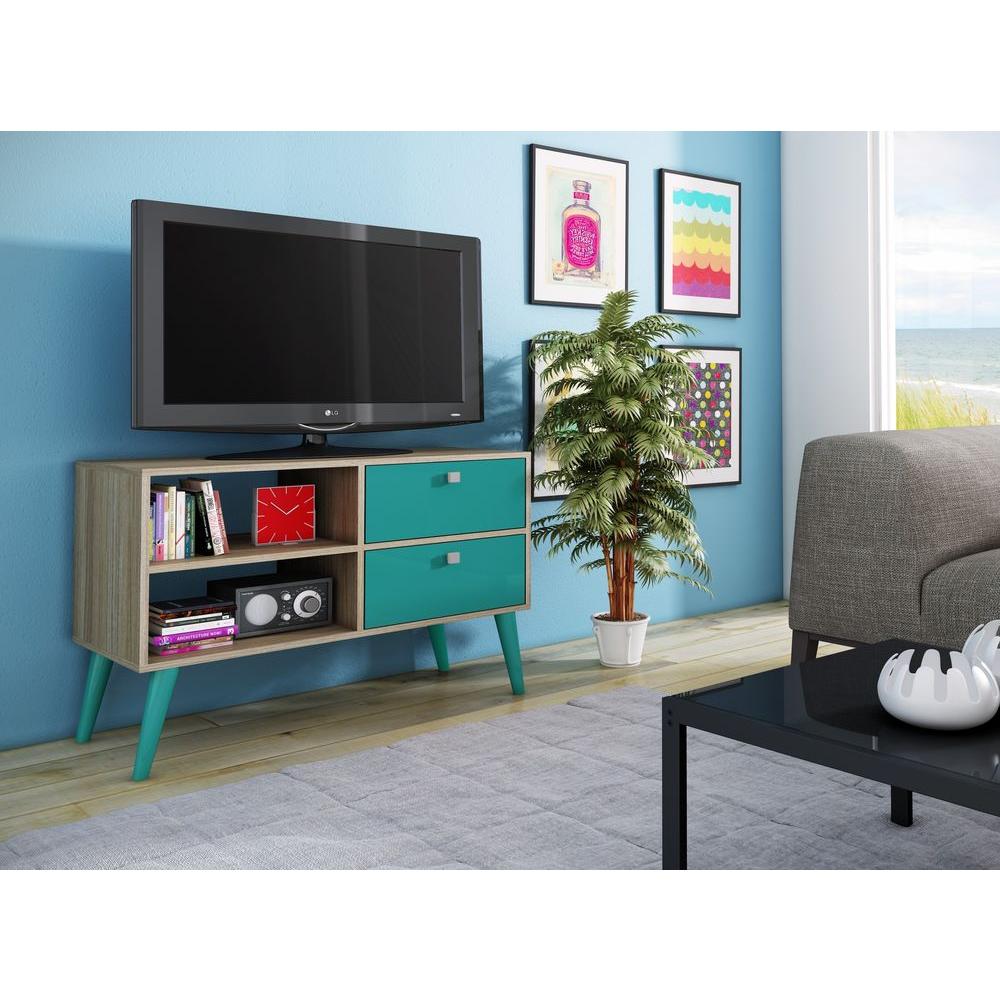 Manhattan Comfort Dalarna Oak And Aqua Storage Entertainment Center Dalarna Oak And Aqua Storage Entertainment Center