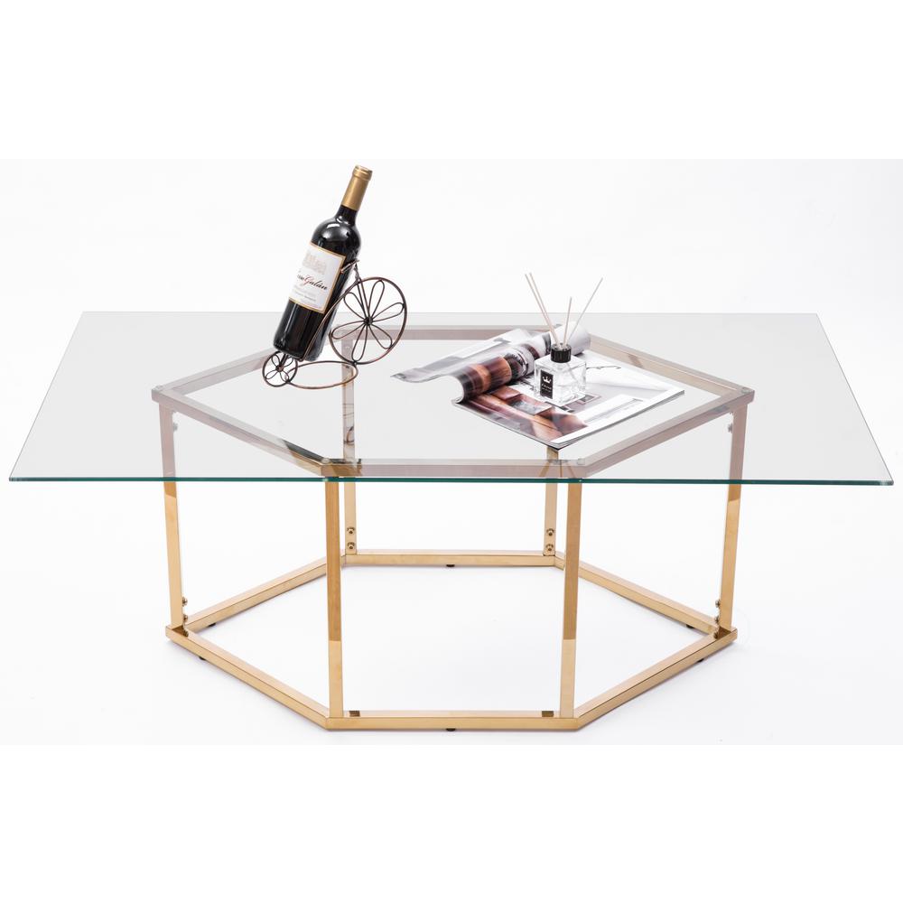 Bold Tones Rectangular Glass Top Hexagon Gold Stainless Steel Metal