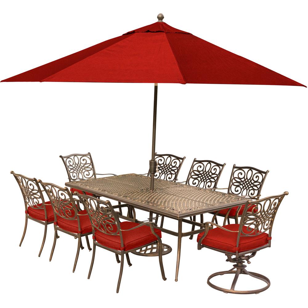 Red - Umbrella - Patio Dining Sets - Patio Dining Furniture - The Traditions 9-Piece Aluminum Outdoor Dining Set with Red Cushions and 2 Swivel Rockers - Red - Umbrella - Patio Dining Sets - Patio Dining Furniture - The
