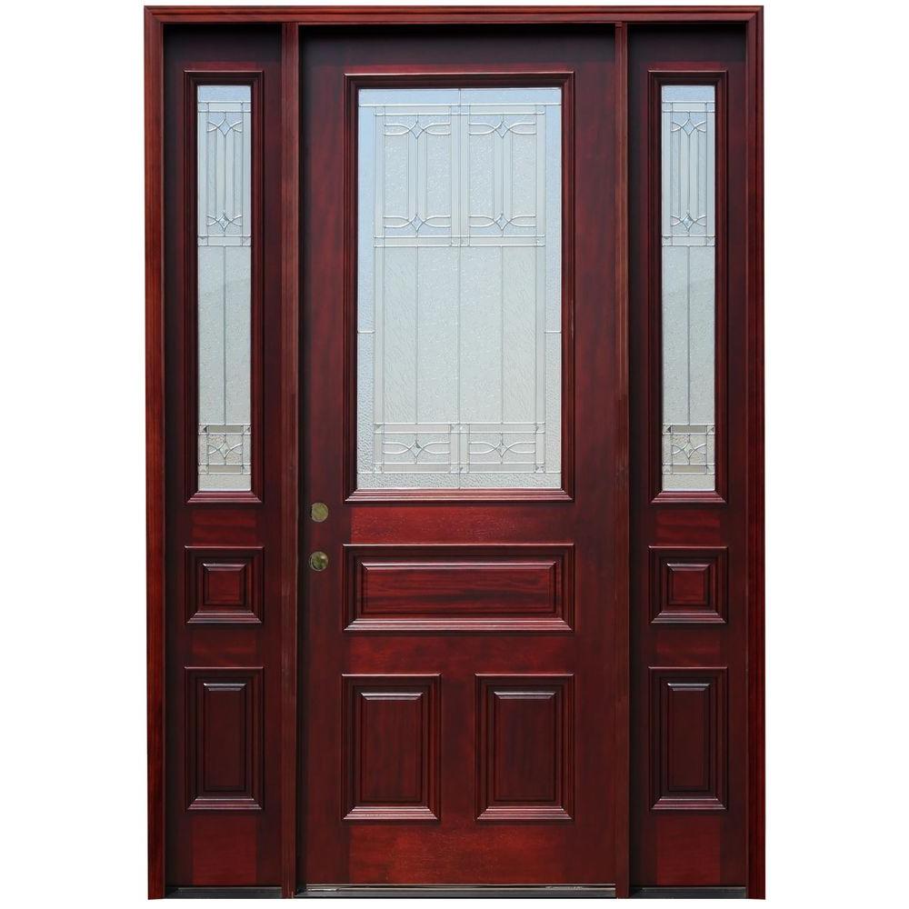 Pacific Entries 64 In X 96 Traditional 3 4 Lite Stained Traditional 3 4 Lite Stained Gany Wood Prehung Front Door With 12 In Sidelites