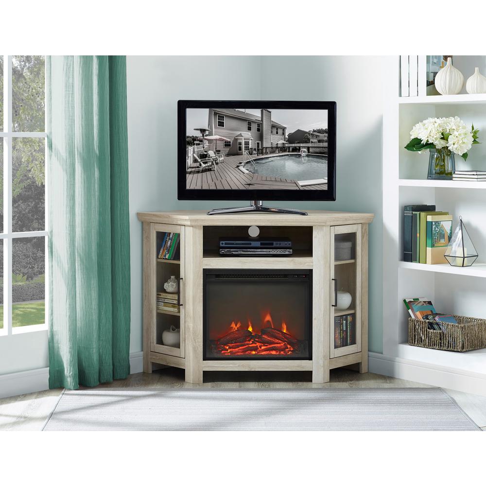 Walker Edison Furniture Company 48 In White Oak Wood Corner 48 In White Oak Wood Corner Fireplace Media Tv Stand Console