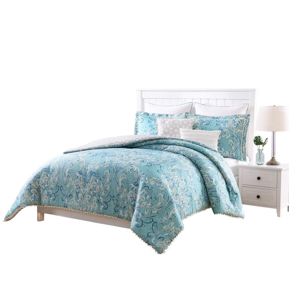 Finley Pom Pom 7 Piece Aqua White Taupe King Comforter Set