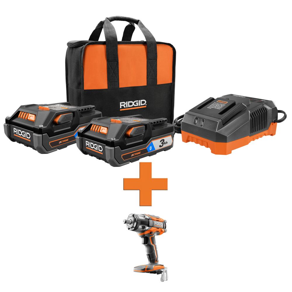 RIDGID 18-Volt OCTANE Lithium-Ion (2) 3.0 Ah Batteries and Charger Kit w/OCTANE Brushless 1/2 in. Impact Wrench