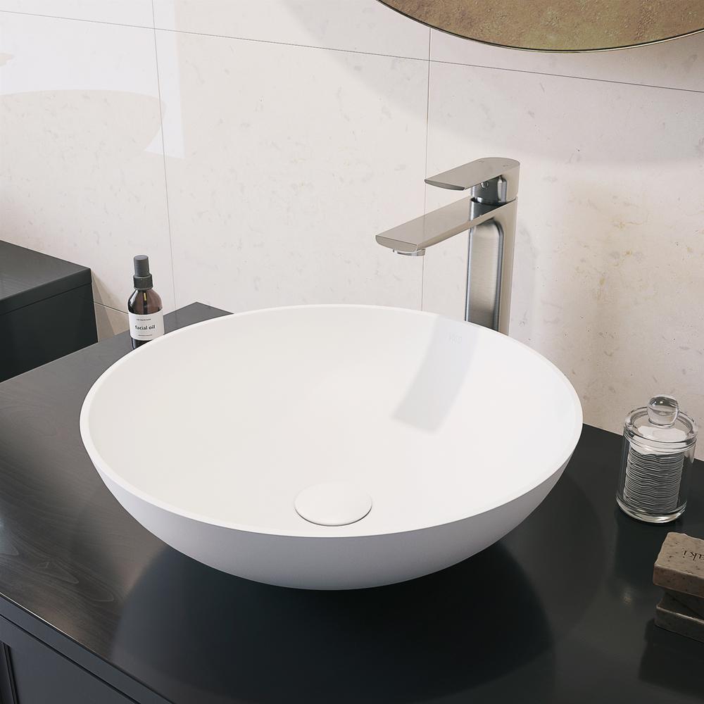 VIGO Matte Stone Lotus Composite Round Vessel Bathroom Sink in White