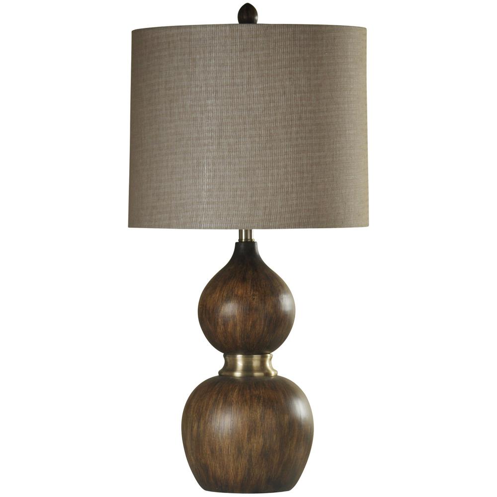 Stylecraft 31 In Natural Wood And Antique Brass Table Lamp With Beige Hardback Fabric Shade