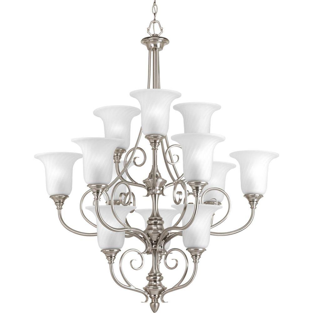 Progress Lighting Kensington Collection 12 Light Brushed Nickel Progress Lighting Kensington Collection 12 Light Brushed Nickel Chandelier With Swirled Etched Glass Shade