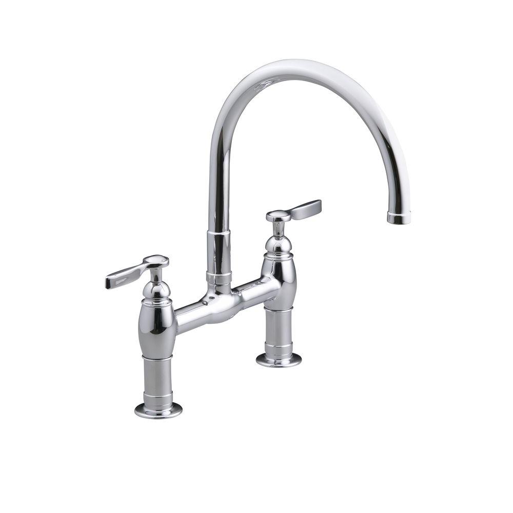 Kohler Parq Deck Mount 12 In 2 Handle Mid Arc Bridge Kitchen Faucet In Polished Chrome