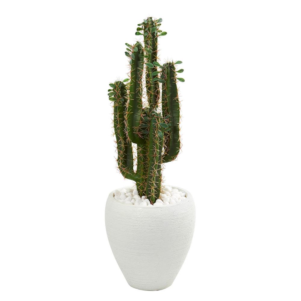 Nearly Natural Indoor 3 ft. Cactus Artificial Plant in White Planter6545 The Home Depot