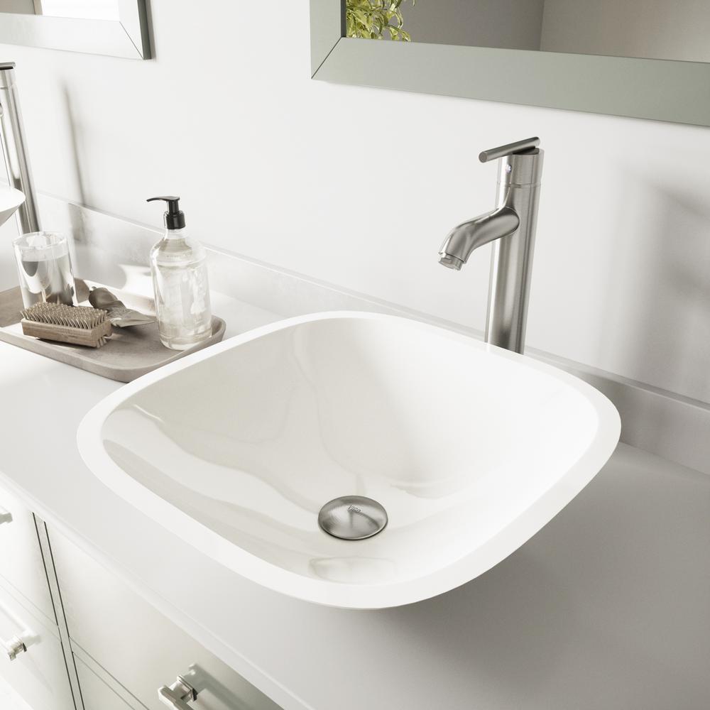 Vigo Square Shaped Phoenix Stone Vessel Bathroom Sink In White With Faucet Brushed Nickel
