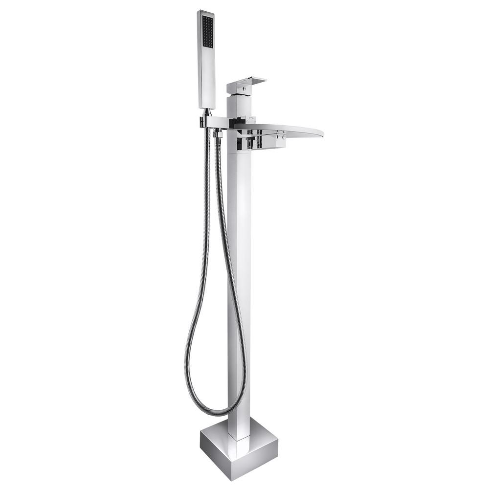 1 Handle Freestanding Floor Mount Roman Tub Faucet Bathtub Filler With Waterfall Style And Hand Shower In Chrome