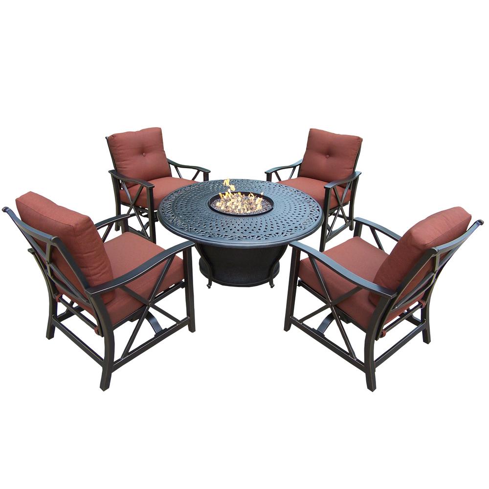 7-Piece Aluminum Patio Fire Pit Conversation Set with Red Cushions
