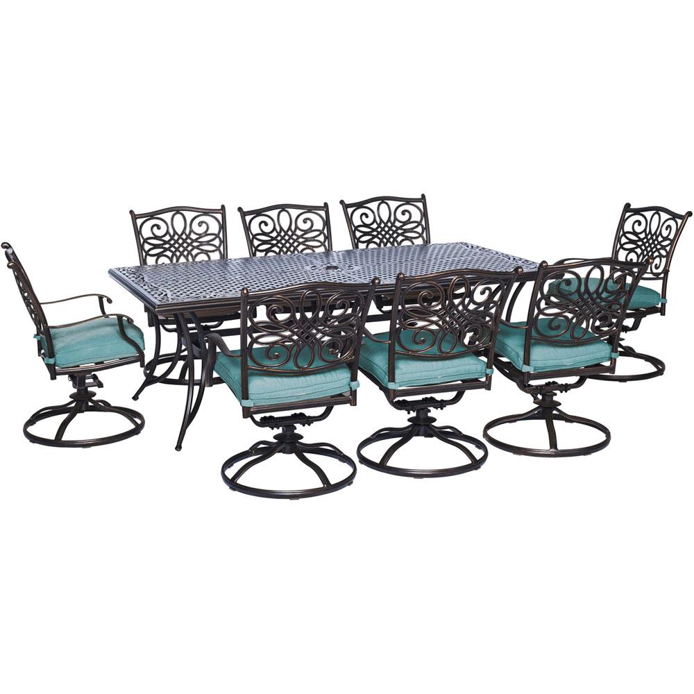 Cambridge Seasons 9 Piece All Weather Rectangular Patio Dining Set With Blue Cushions And 8 Swivel Chairs Seas9pcsw8 Blu The Home Depot