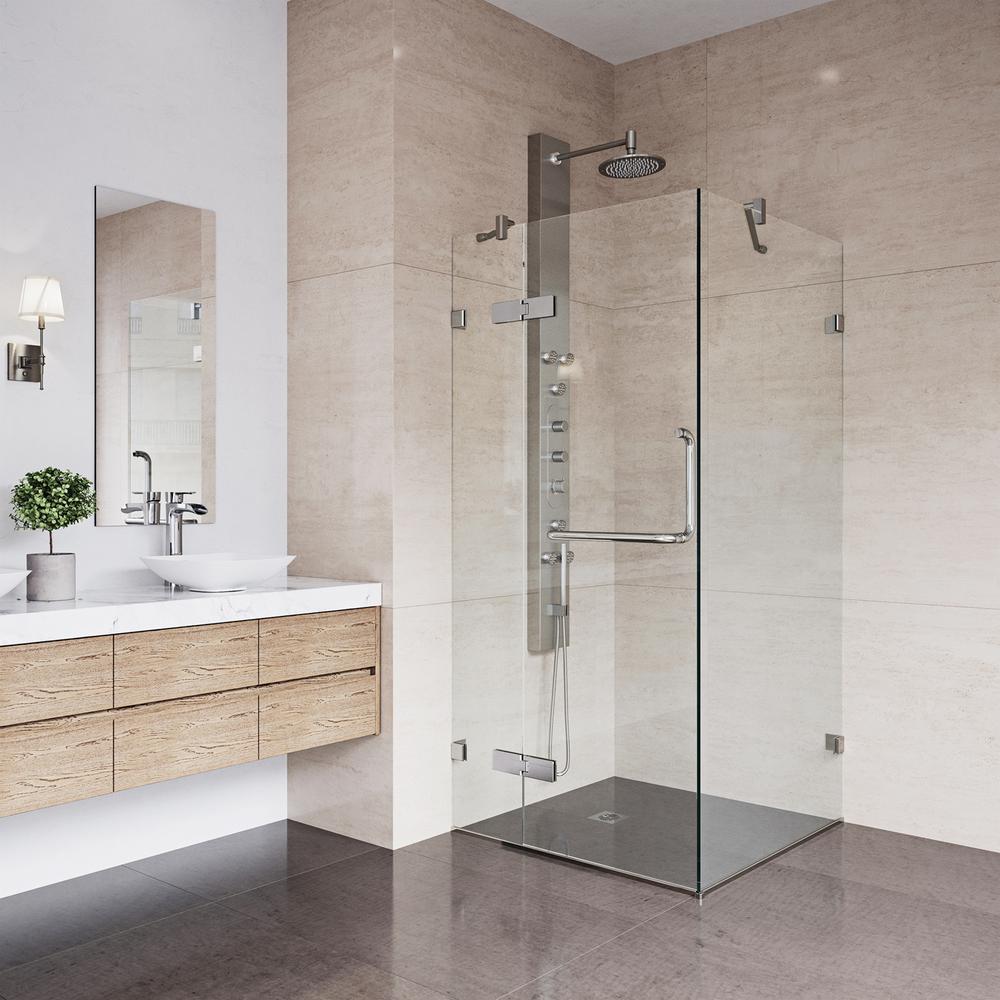 VIGO Monteray 34.125 in. x 73.375 in. Frameless Corner Hinged Shower Enclosure in Brushed Nickel with Clear Glass
