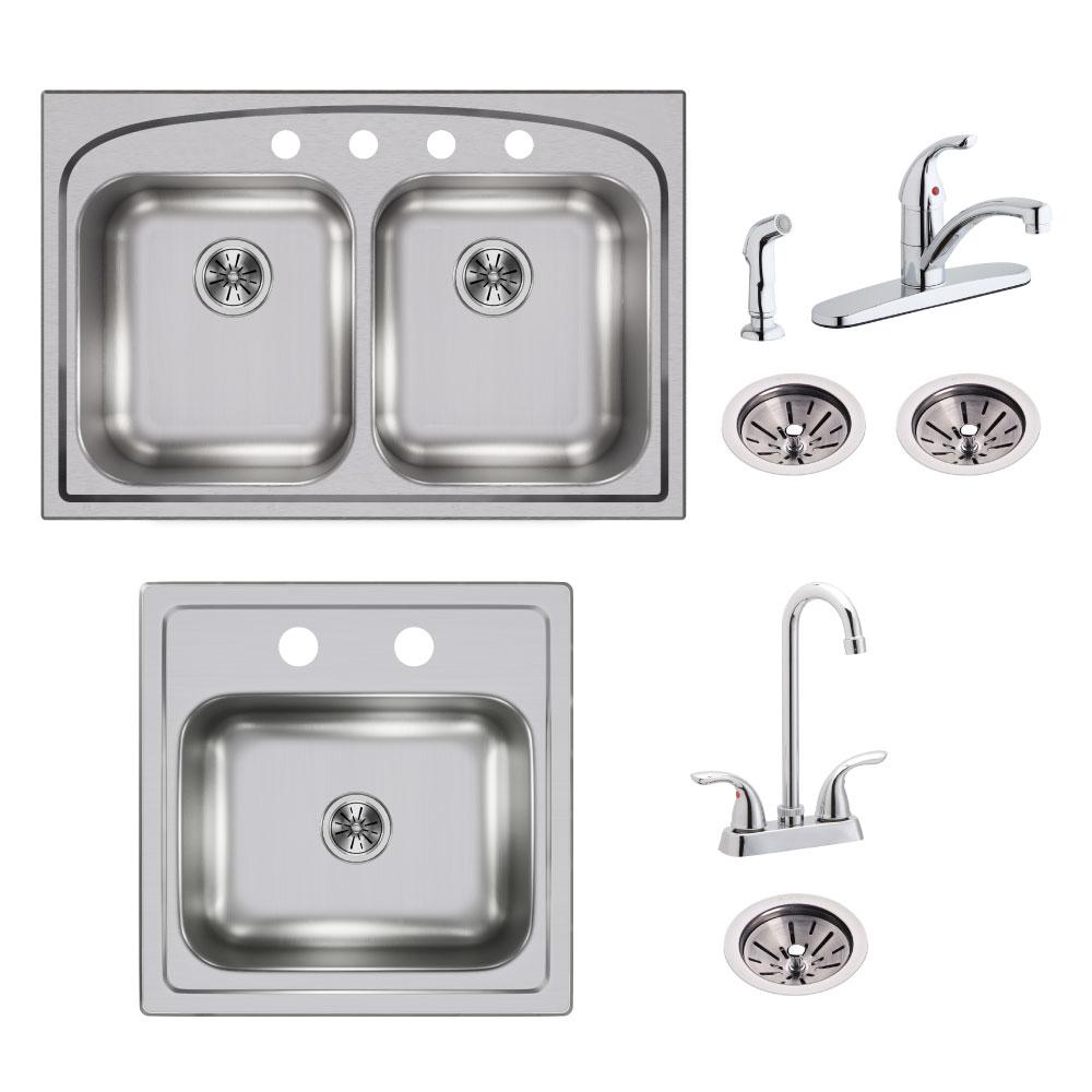 Elkay Pergola All In One Drop Stainless Steel 33 4 Hole Double Bowl Kitchen Sink With Bar Faucets And Drains