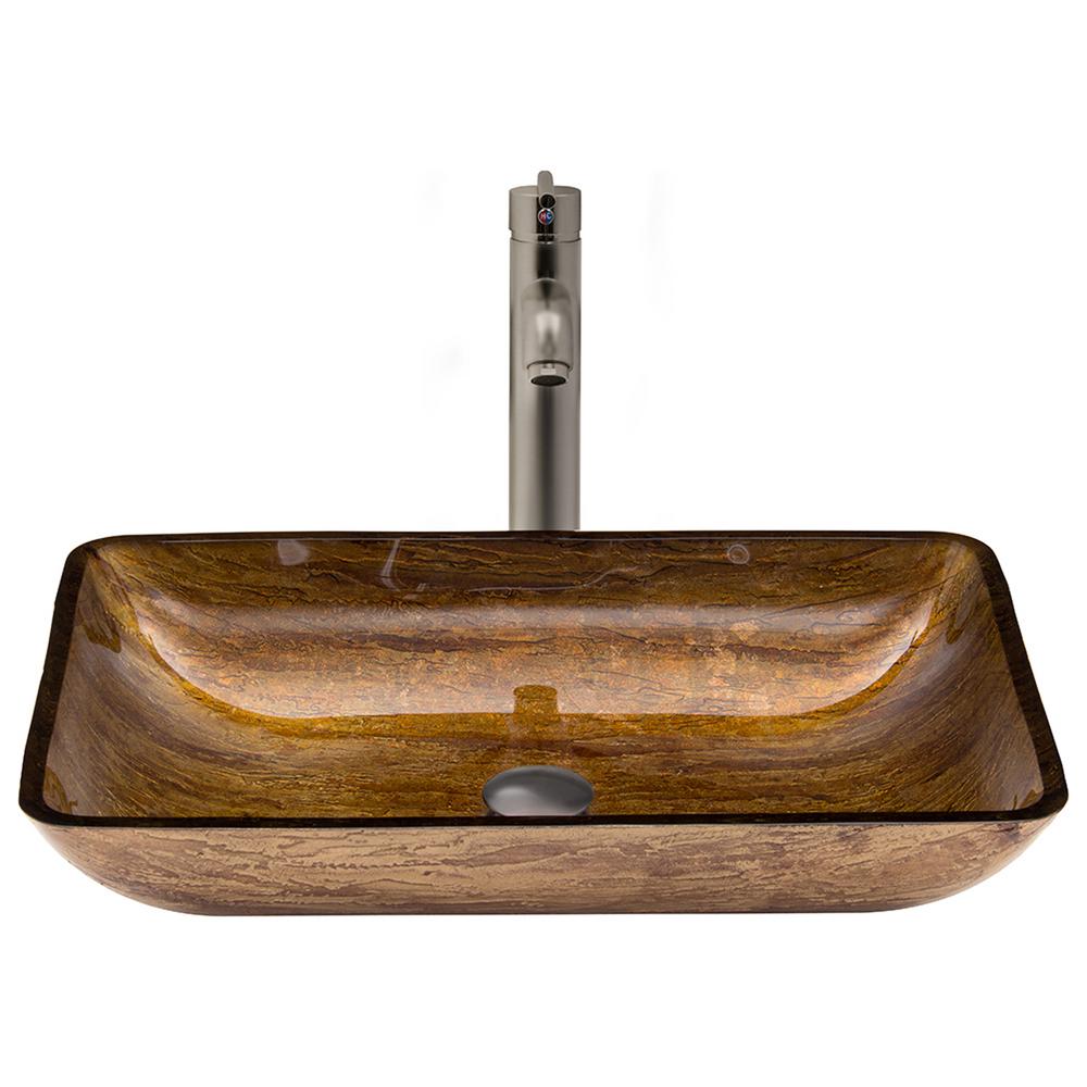Vigo Rectangular Glass Vessel Sink In Amber Sunset With Faucet Set Vigo Rectangular Glass Vessel Sink In Amber Sunset With Faucet Set Brushed Nickel