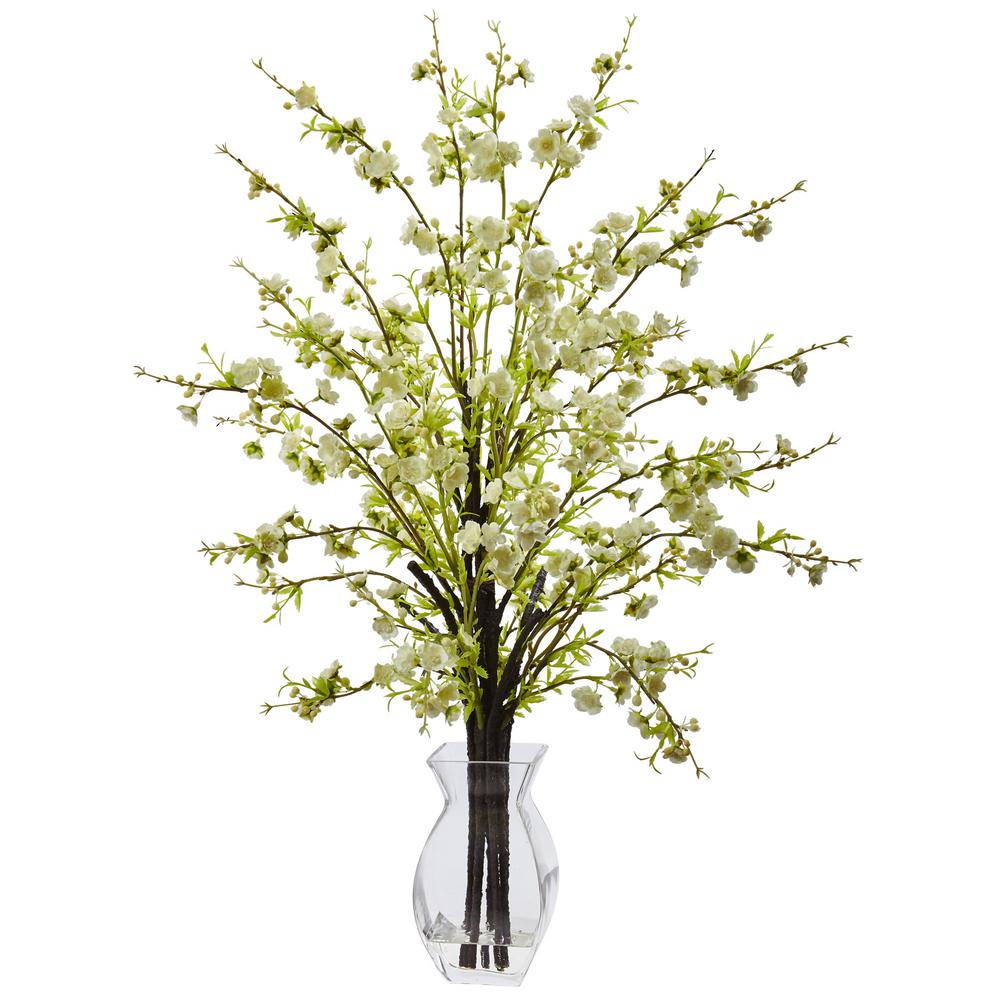 Nearly Natural 26 In Cherry Blossom Gl Vase White 1459 Wh Cherry Blossom In Gl Vase White