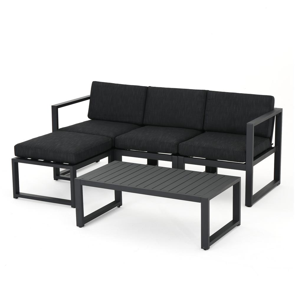 Noble House Navan Dark Grey 5 Piece Aluminum Outdoor Sectional Set With Black Cushions